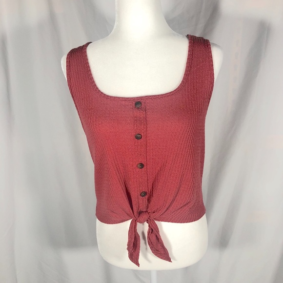 Caution To The Wind Tops - Brick Red/ Deep Blush Tie Front Crop Tank